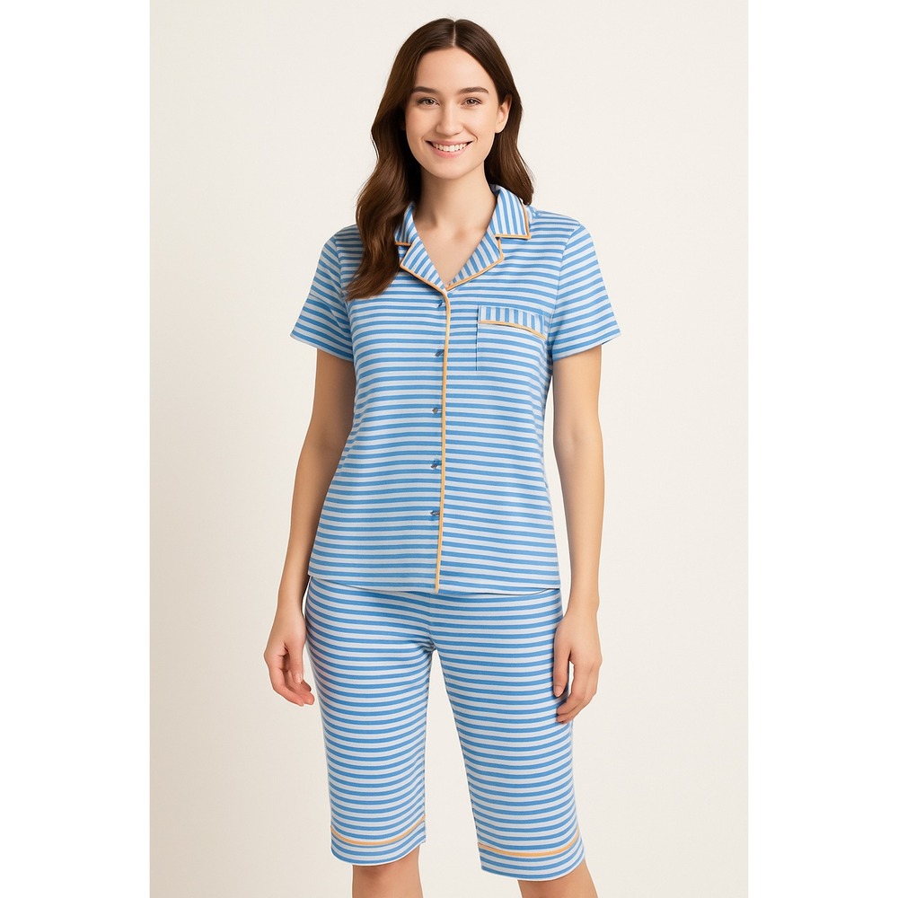JOYSPOON Blue White Stripe Button Up Pajama Set Women's Size S